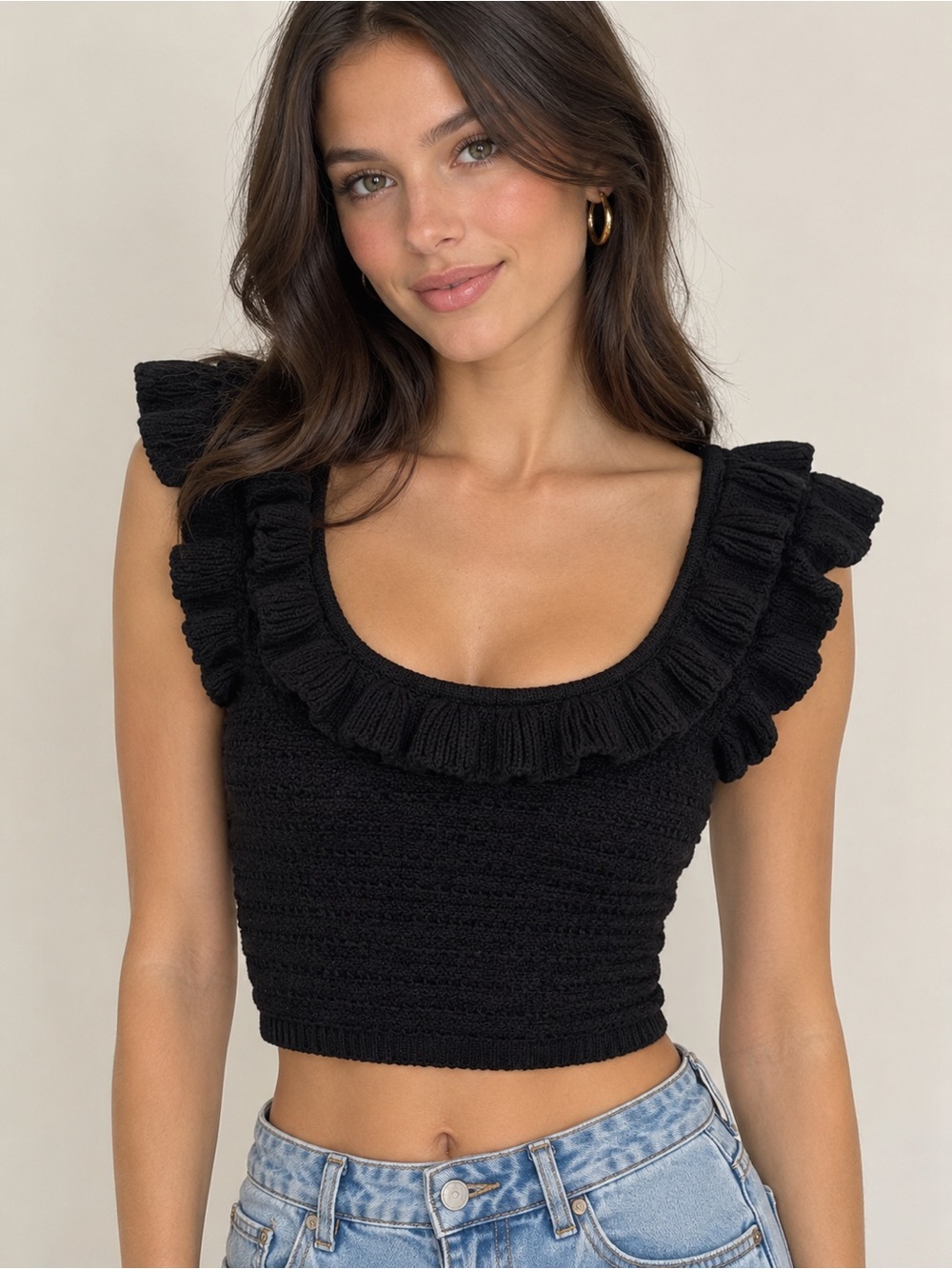 H&M Black Ruffled Knit Crop Top